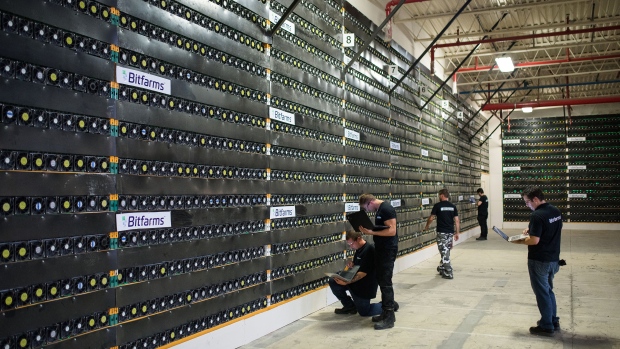 operarios de bitfarms en granja argentina de minado de bitcoin