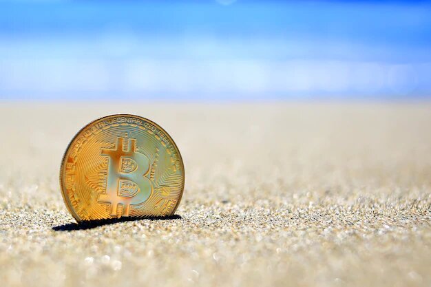 bitcoin descansando en la playa