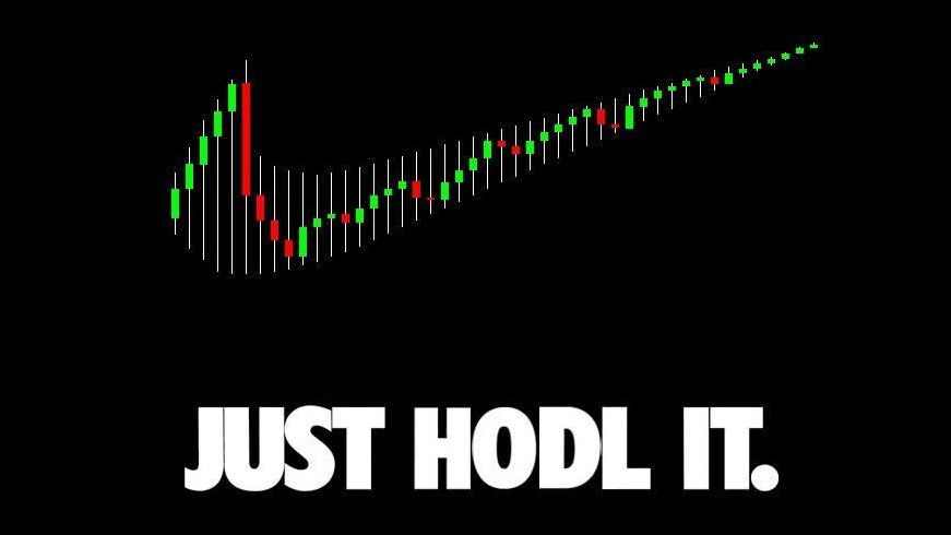 alteración del logo de nike con velas de trading y frase Just hodl it