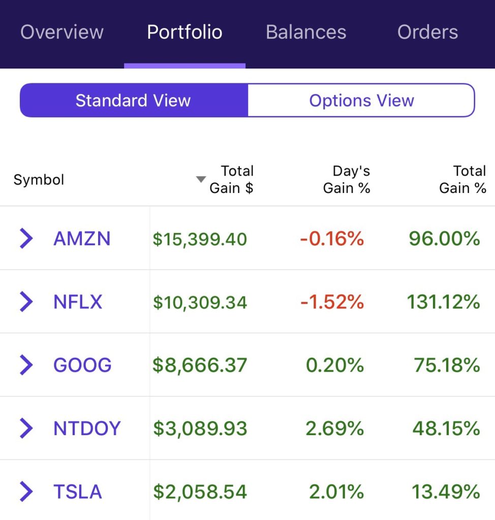 portafolio de inversión con acciones en amazon, netflix, google, nintendo y tesla